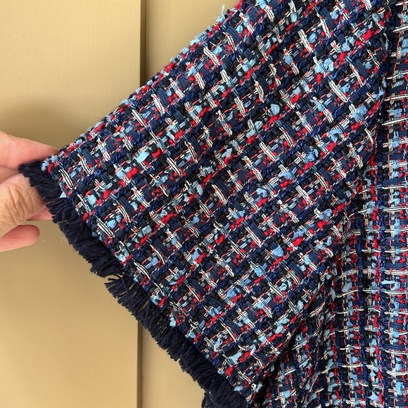 Talbots 14W Petite Sheath Tweed Dress Navy Red Frayed Hem Front Pockets MCM - Picture 5 of 10